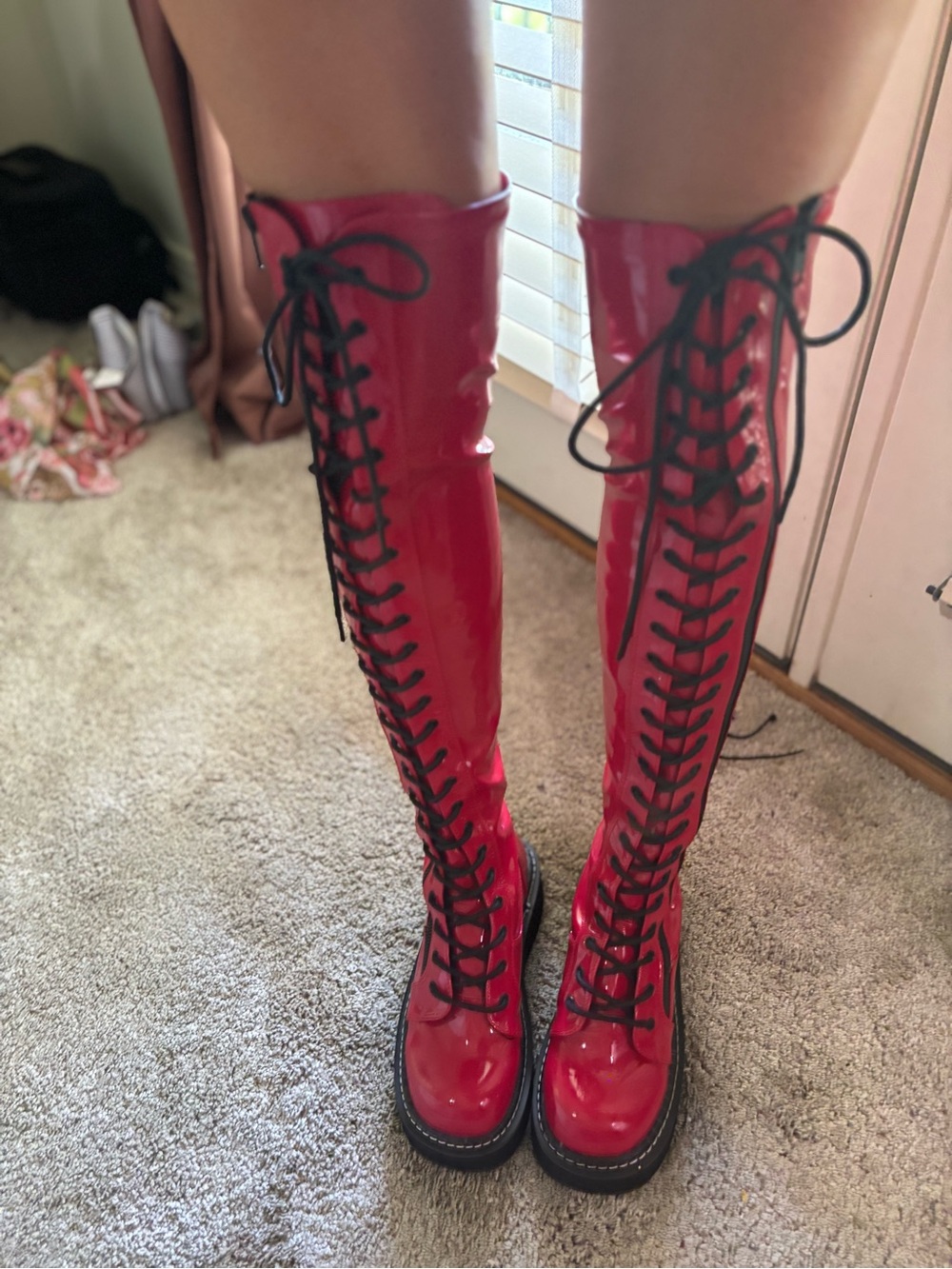 Platform Demonia Red Patent Over-the-Knee Lace-Up Boots - Picture 2 of 9
